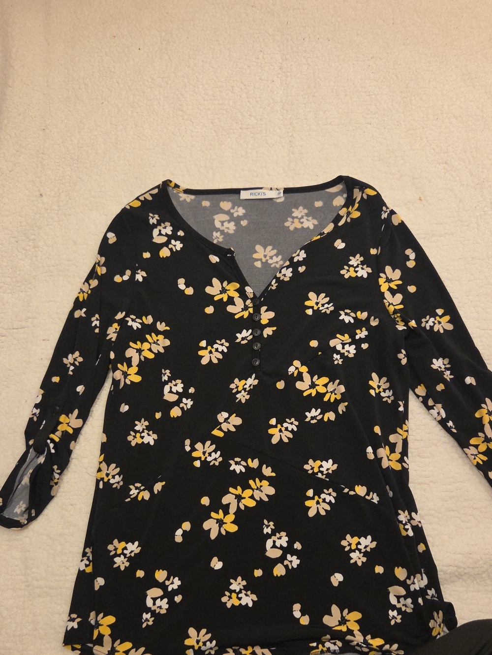 Ricki's Black Henley Top with Yellow & White Floral Print